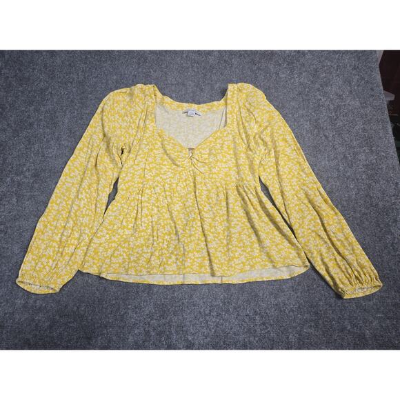 American Eagle Shirt Womens Medium Yellow Floral Long Sleeve Blouse Ruched Top - Picture 6 of 10